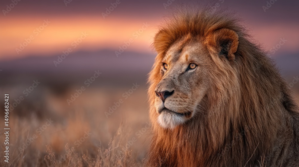 Majestic lion portrait at sunrise displaying calm and serene expression Majestic lion portrait at sunrise displaying calm and serene expression
