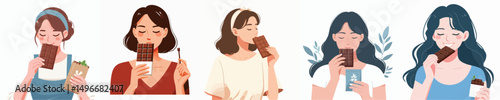 set of vector women eating chocolate