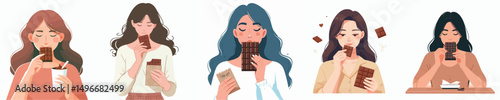 set of vector women eating chocolate