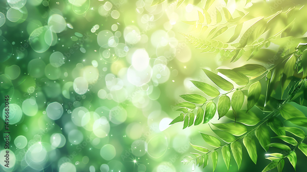 Obraz premium A bright and ethereal scene with green leaves and bokeh lights creating a dreamy atmosphere