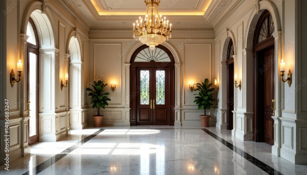 Grand foyer with elegant chandelier & marble floor, home staging, interior design Grand foyer with elegant chandelier & marble floor, home staging, interior design
