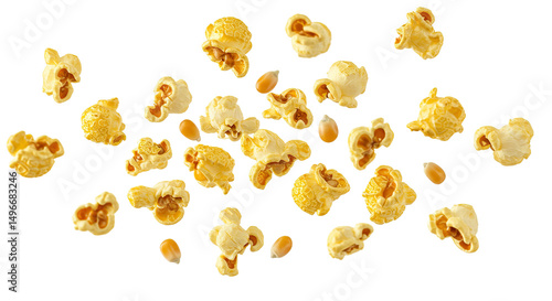 Visually engaging image of popcorn floating, isolated on a white transparent background. Ideal PNG for snack ads, movie posters, and culinary designs.