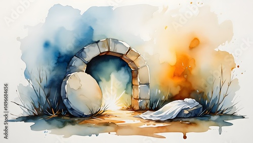 An artistic depiction of a stone archway with an open tomb, with a vibrant light emanating from within. A cloth lies beside the open tomb, suggesting a sense of renewal and hope