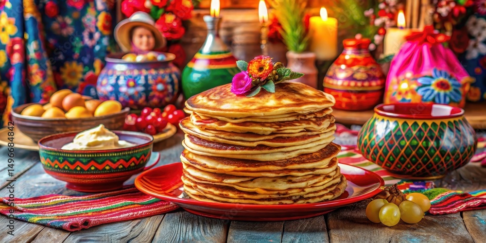 Fluffy pancakes stacked on a colorful plate with festive Maslenitsa decorations and Russian folk costumes, surrounded by candles and flowers, maslenitsa, pancakes Fluffy pancakes stacked on a colorful plate with festive Maslenitsa decorations and Russian folk costumes, surrounded by candles and flowers, maslenitsa, pancakes