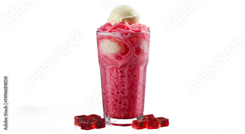 Φωτογραφία A vibrant pink rose falooda, an enticing dessert beverage with noodles and ice cream, beautifully contrasted against a dark black background