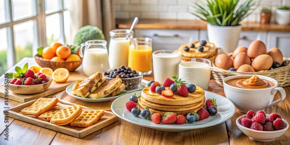 Platter of assorted breakfast foods including eggs pancakes waffles French toast fresh fruit and yogurt on a wooden table in a bright kitchen with natural light , breakfast platter, food arrangement Platter of assorted breakfast foods including eggs pancakes waffles French toast fresh fruit and yogurt on a wooden table in a bright kitchen with natural light , breakfast platter, food arrangement