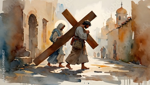Watercolor depiction of a man carrying a large wooden cross, accompanied by another figure, walking through an ancient city. The artwork portrays a moment of historical significance.