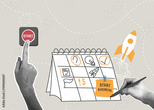 Trendy halftone collage.Starting a business,starting a new company. Startup concept to launch a project,start an innovative project,problem solving concept.