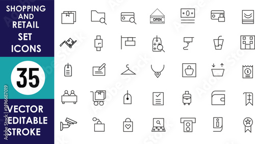 A minimalist vector icon set featuring 35 thin-line shopping and retail symbols, including carts, bags, tags, barcodes, storefronts, hangers, and security cameras