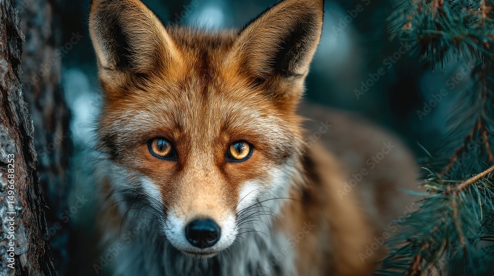 Obraz premium Captivating fox portrait amidst woodland flora evoking wild beauty