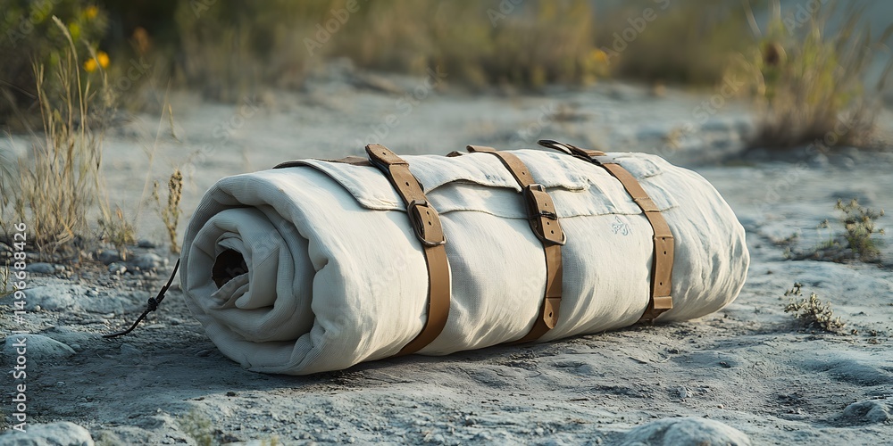 Fototapeta premium Rolled Canvas Sleeping Bag with Leather Straps in Outdoor Setting