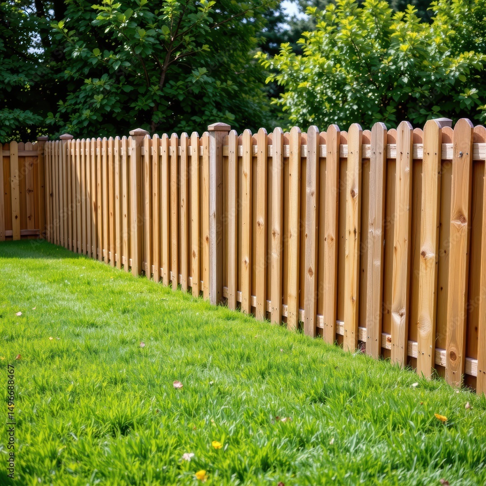 Wooden fence surrounding lush green lawn in a serene outdoor setting under bright sunlight and clear blue sky Wooden fence surrounding lush green lawn in a serene outdoor setting under bright sunlight and clear blue sky