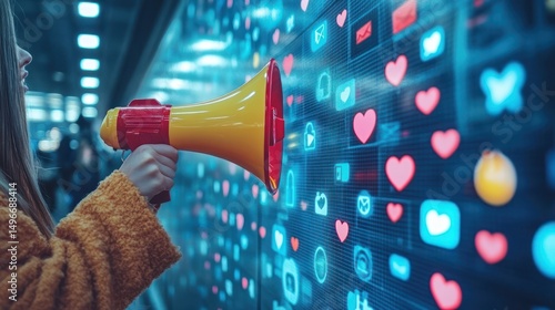 Amplifying online presence, woman with megaphone in front of digital social media wall