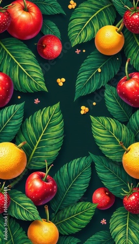 Vibrant jungle foliage & fruit collage seamless pattern, tropical, green