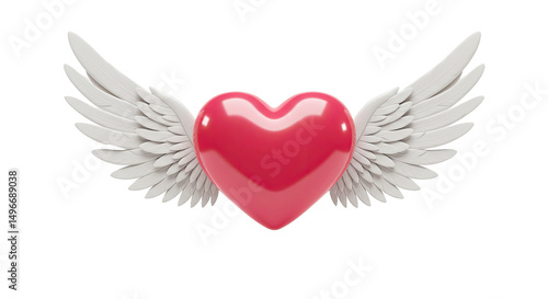 A charming Valentine's Day design element featuring a lovely pink heart adorned with delicate white wings, set against a pristine white backdrop.