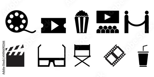Set of cinema movie theater icon vector for film, ticket, screen, and entertainment visuals. Ideal for media apps, event flyers, and movie-time promotional designs.