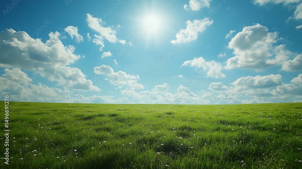 Obraz premium Vast expanse of grassy field under a vibrant blue sky.