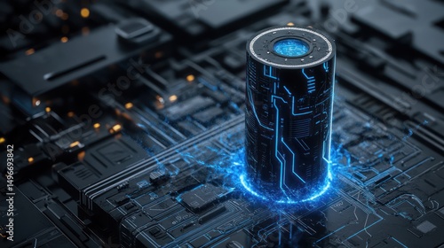 Futuristic cylindrical battery charging on circuit board