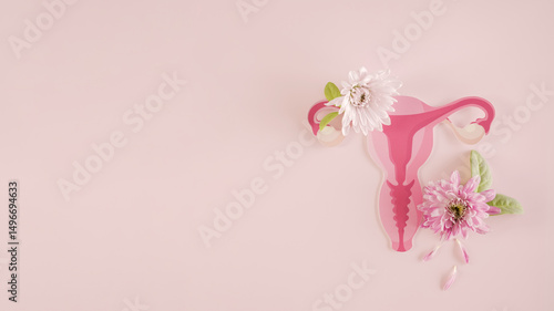 uterus anatomy and pink flowers, woman health, fertility therapy, gynecology, cervix ovary cancer concept