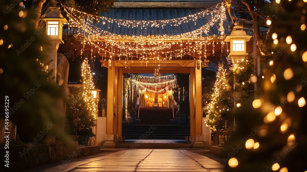 Obraz premium Illuminated gateway at night with festive lights.