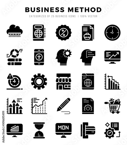 Business Method Glyph icons collection. 25 icon set in a Glyph design.