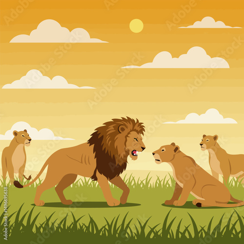 Lion Confronting Lioness with Other Lionesses in a Grassy Field
