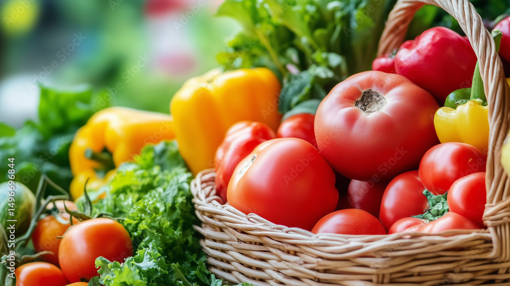 Freshly Harvested Basket of Tomatoes, Peppers, and Greens Freshly Harvested Basket of Tomatoes, Peppers, and Greens