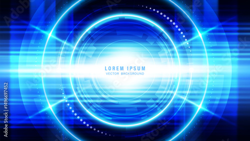 Futuristic high tech digital background with circular radiating energy, glowing lines, and light beams