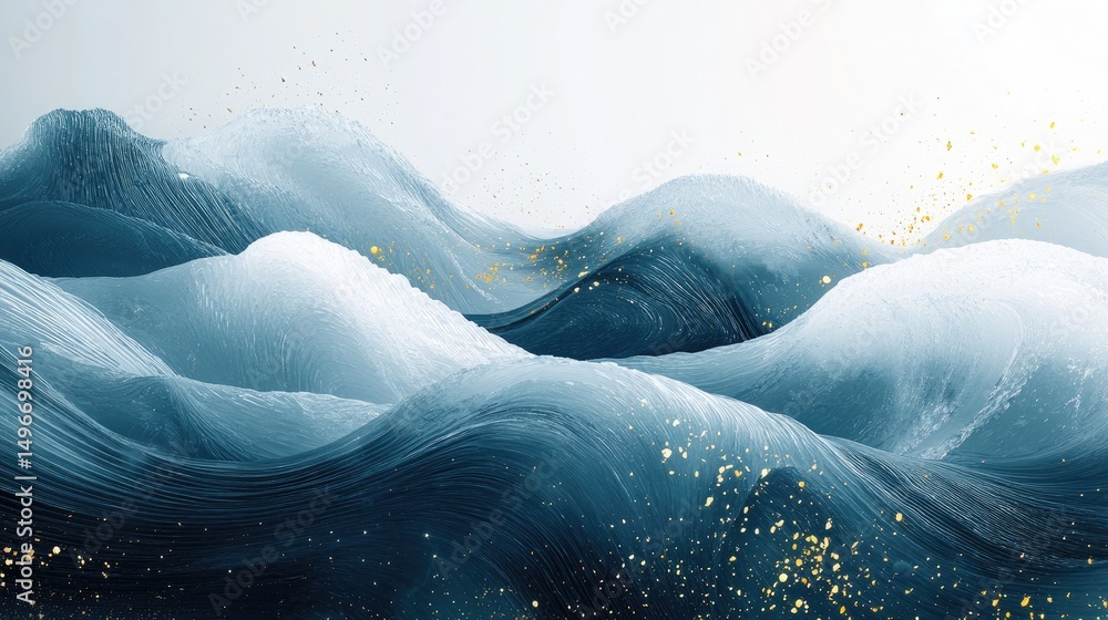 Fototapeta premium Serene, abstract landscape painting featuring rolling hills in cool blue hues with gold accents