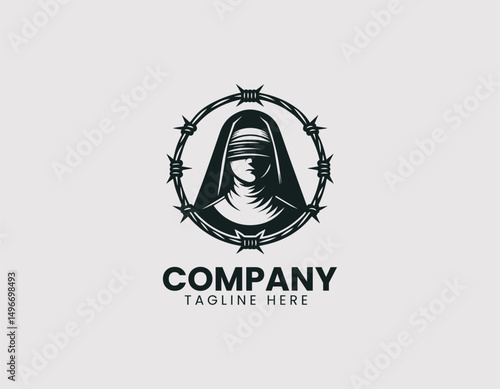 Blindfolded Nun with Barbed Wire Halo Illustration Vector Logo Design