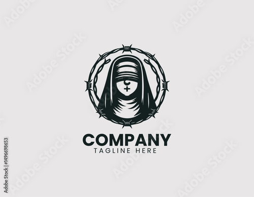 Blindfolded Nun with Barbed Wire Halo Illustration Vector Logo Design