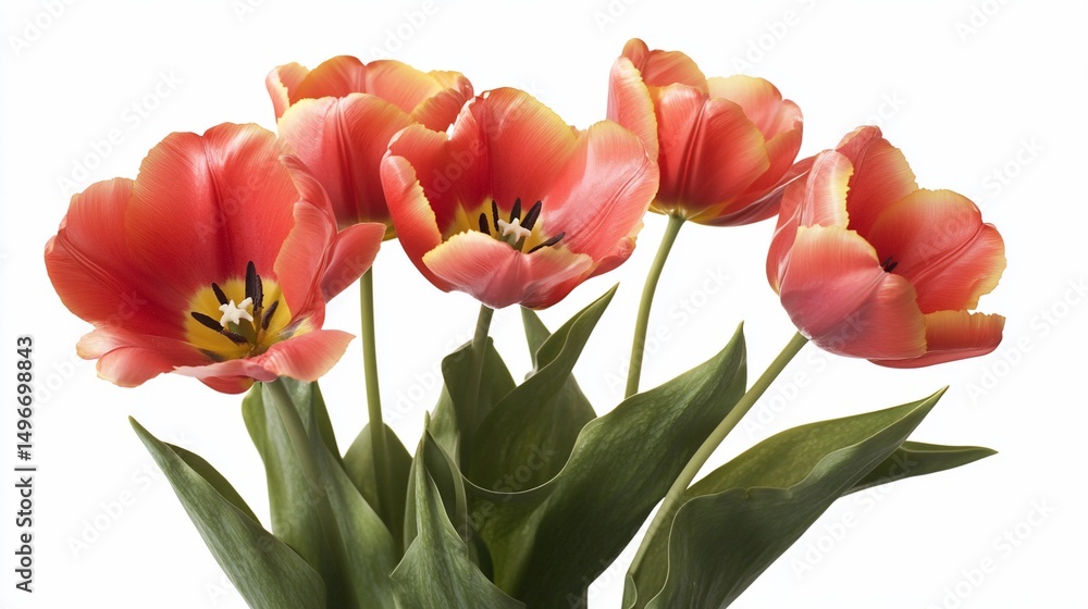 Fototapeta premium Close-up of vibrant red-orange tulips with green leaves, isolated on white