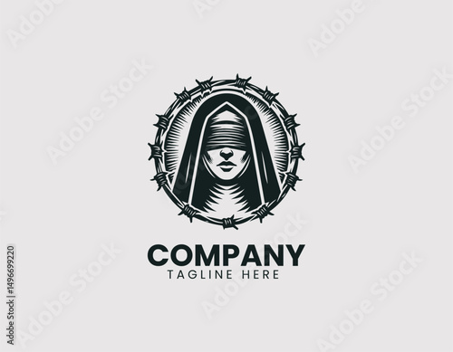 Blindfolded Nun with Barbed Wire Halo Illustration Vector Logo Design