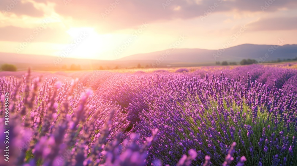Obraz premium Sunset Lavender Field, Provence, France; idyllic summer landscape for travel brochures