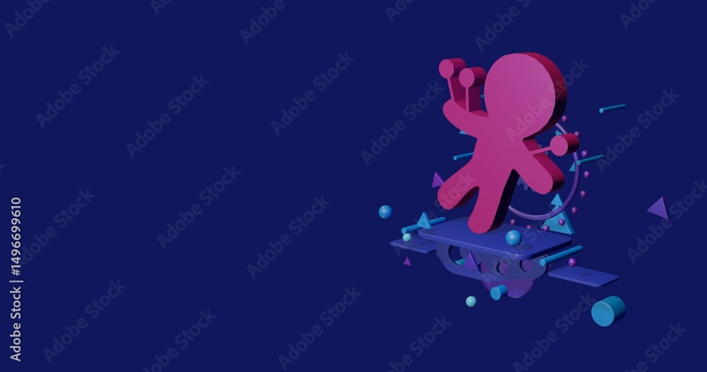 Naklejka premium Pink Voodoo Doll symbol on a pedestal of abstract geometric shapes floating in the air. Abstract concept art with flying shapes on the right. 3d illustration on indigo background