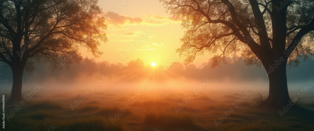 Naklejka premium Peaceful Sunrise over a Foggy Meadow with Silhouetted Trees - Serene Landscape