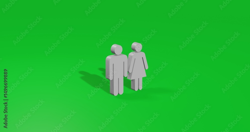 Isolated realistic white man with woman symbol front view with shadow. 3d illustration on green chroma key background Isolated realistic white man with woman symbol front view with shadow. 3d illustration on green chroma key background
