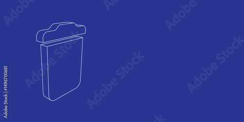 The outline of a large trash symbol made of white lines on the left. 3D view of the object in perspective. Vector illustration on indigo background