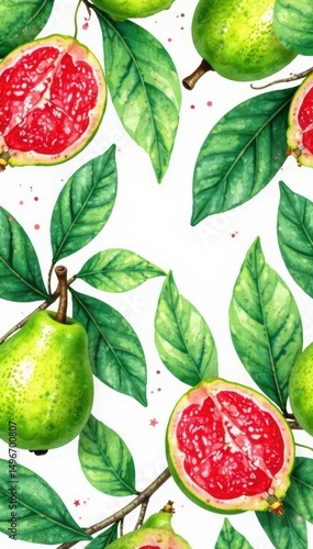 Seamless guava fruit & leaf watercolor pattern Vivid tropical design , tropical, vibrant