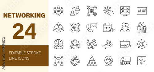 Networking icon set. Containing network, connection, relationship, online networking, community, event, social network and more. Editable line icons. Vector illustration.	