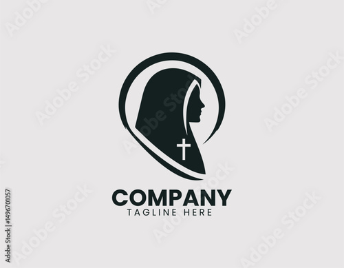Serene Nun Illustration Vector Logo Design, Peaceful Religious Nun Figure Vector Logo, Devout Nun Silhouette Minimalist Vector Logo