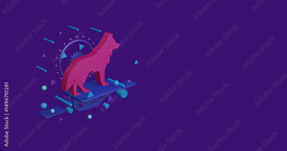 Fototapeta premium Pink wolf symbol on a pedestal of abstract geometric shapes floating in the air. Abstract concept art with flying shapes on the left. 3d illustration on deep purple background