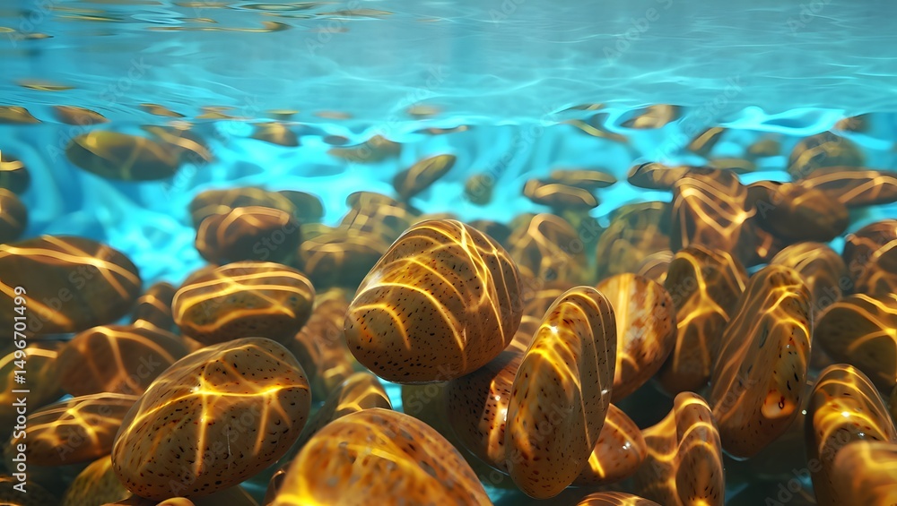 Obraz premium Sunlit riverbed, underwater scene with golden stones.