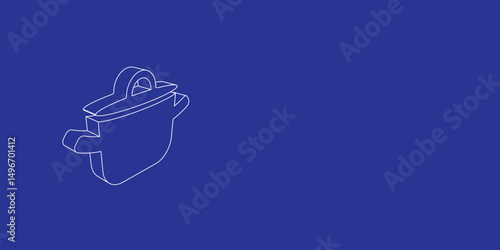 The outline of a large pot symbol made of white lines on the left. 3D view of the object in perspective. Vector illustration on indigo background