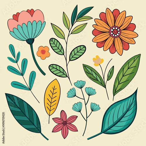 Vibrant Floral Design. A Collection of Colorful Flowers and Leaves