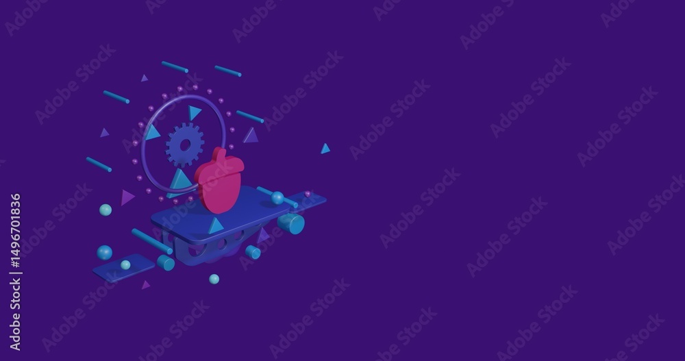Naklejka premium Pink acorn symbol on a pedestal of abstract geometric shapes floating in the air. Abstract concept art with flying shapes on the left. 3d illustration on deep purple background