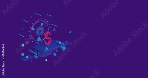 Pink dollar symbol on a pedestal of abstract geometric shapes floating in the air. Abstract concept art with flying shapes on the left. 3d illustration on deep purple background