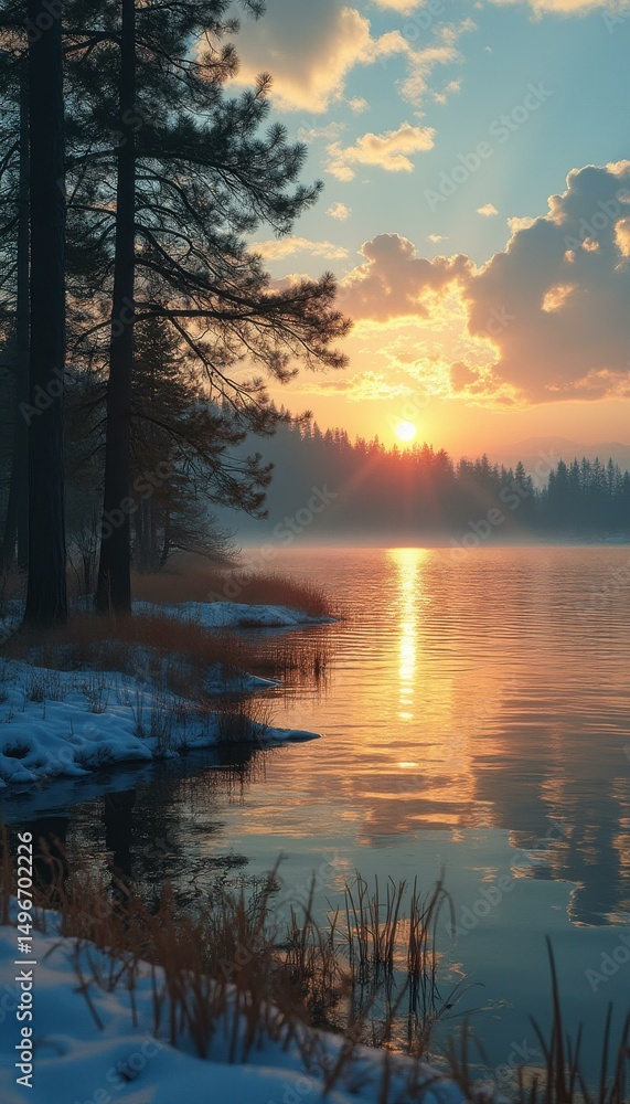 Fototapeta premium Lakeside winter dawn with sun rays reflecting on water amid snow-covered banks and coniferous trees.