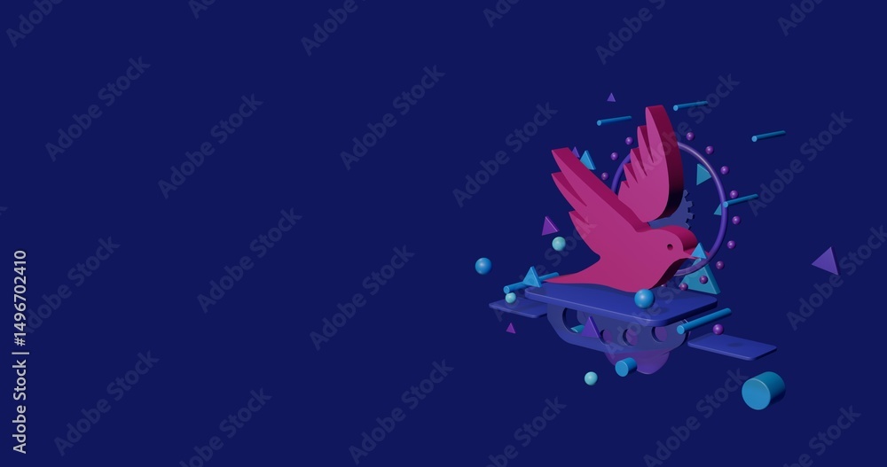 Fototapeta premium Pink bird symbol on a pedestal of abstract geometric shapes floating in the air. Abstract concept art with flying shapes on the right. 3d illustration on indigo background