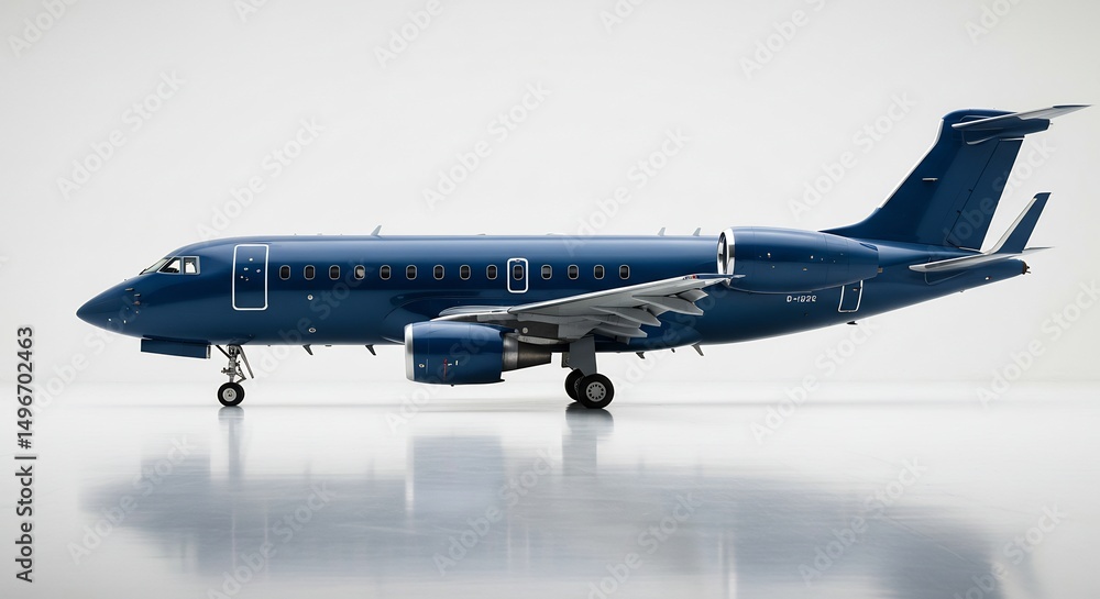 Naklejka premium 紺碧のジェット機 滑走路に輝く 上品なシルエット 静寂な朝. AI Generated